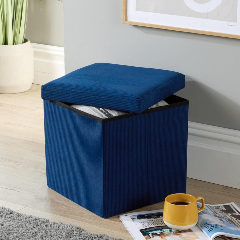 image 1 of Ottoman Storage Chest Folding Corduroy Fabric Solid Storage Box | Blue | Blue