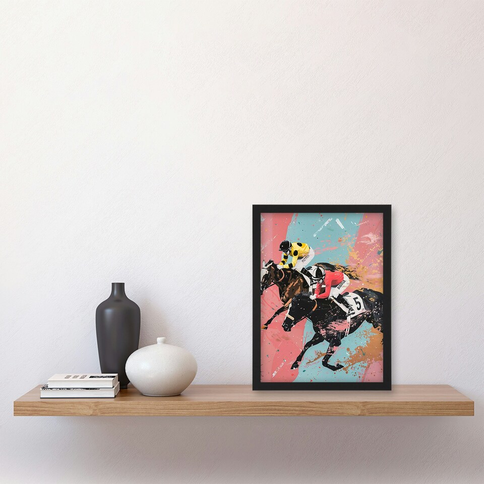 image 1 of Horse Race Jockeys Racing Bold Dynamic Living Room Black Framed Wall Art Print A4