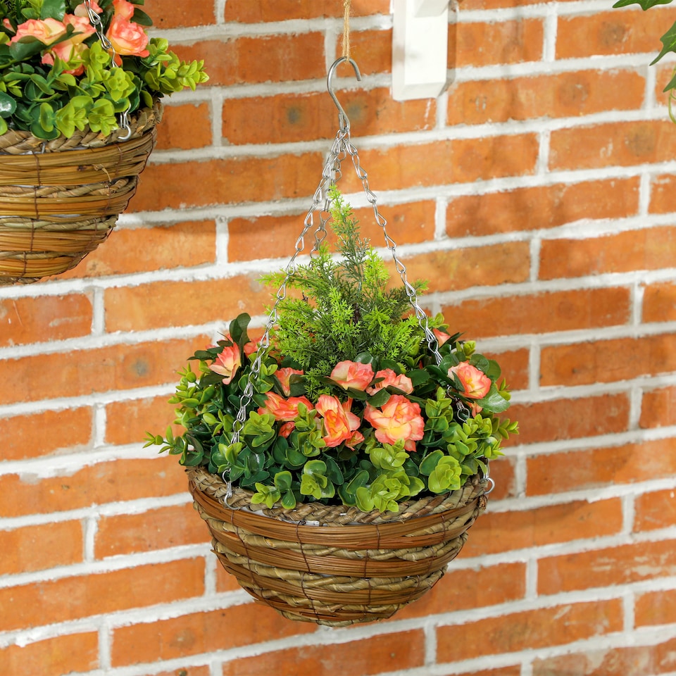 image 1 of Outsunny Pack of 2 FauPlant Artificial Lisianthus Flowers Hanging Planter with Basket for Indoor Decoration, Orange