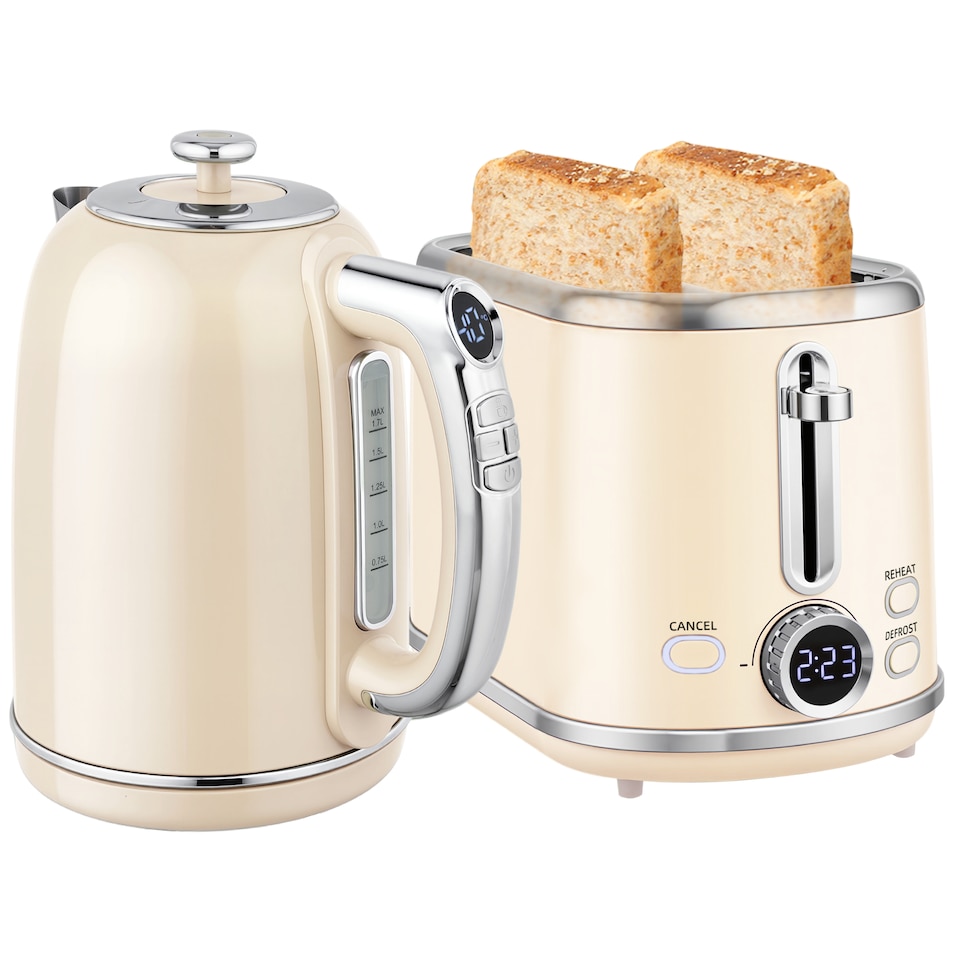 image 1 of HOMCOM Kettle and Toaster Set with LED Screen, 1.7L 3000W Retro Rapid Boil Jug Kettle with Keep Warm Memory Function, 2 Slice Toaster with 6 Browning Controls, Crumb Tray, Cream | Cream
