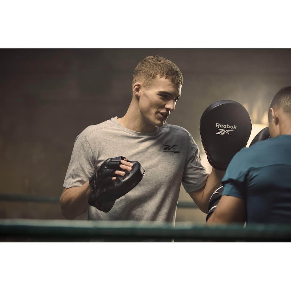 image 1 of Reebok Hook and Jab Focus Pads — Curved Synthetic Leather Boxing Mitts with Thick EVA/PU Foam, One Size, Black | Black | Black | One Size