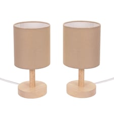 ValueLights Nelly Pair of Natural Shade with Wooden Base Bedside Table Lamps | Brown