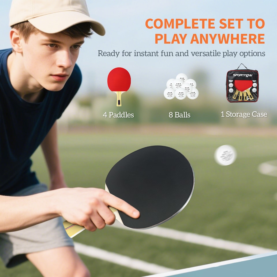image 1 of SPORTNOW Table Tennis Rackets, Portable Table Tennis Set w/ 4 Bats, 8 Balls | Red | Black and red | 25.8L x 15.2W x 0.7H cm