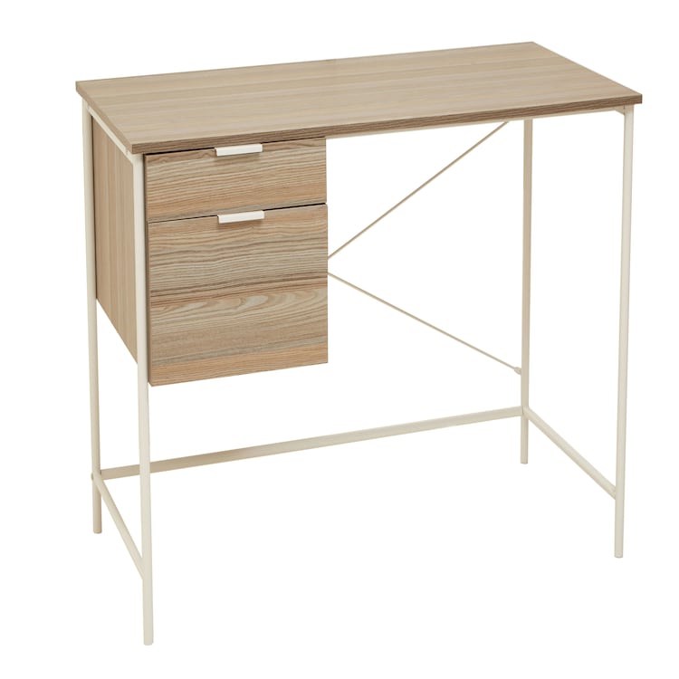 Light Oak Veneer Desk With Drawers,modern Office Desk With White Metal Frame For Organization,storage Desk Brown