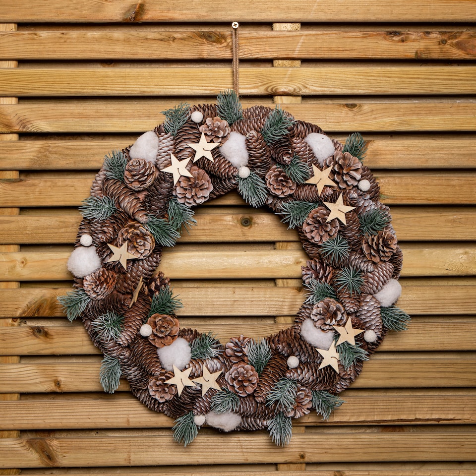 image 1 of 50cm Frosted Hanging Christmas Wreath with Pine Cones & Wooden Stars