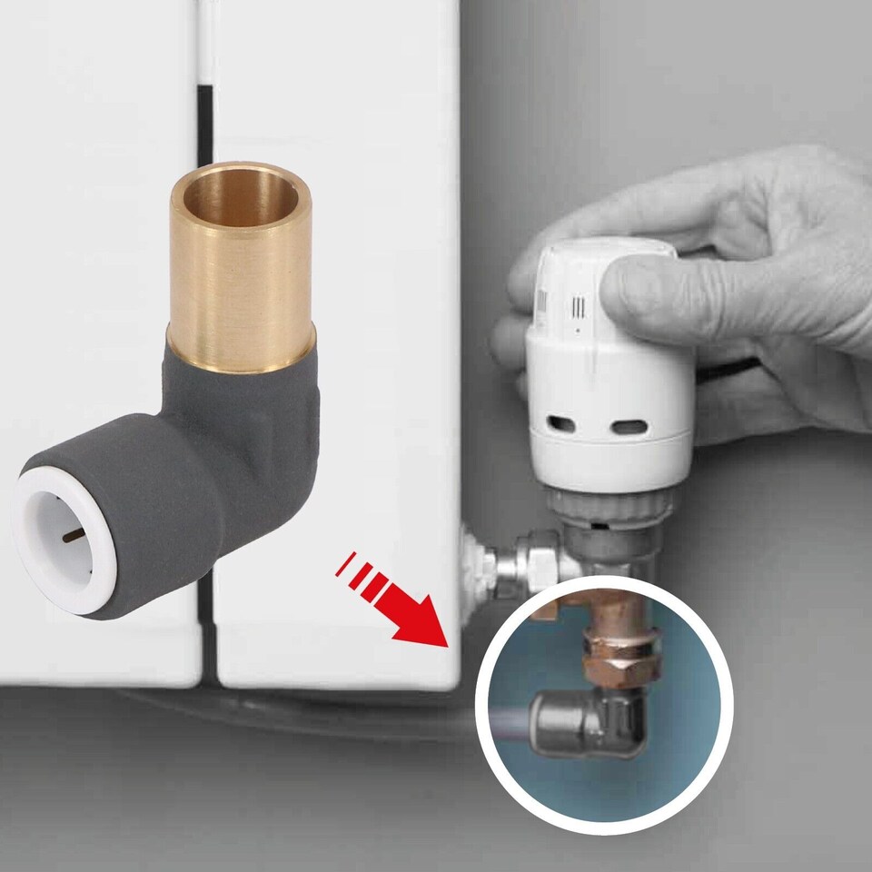 image 1 of SPARES2GO Radiator Valve Reducing Elbow Stem Compression 15mm x 10mm Pushfit Black