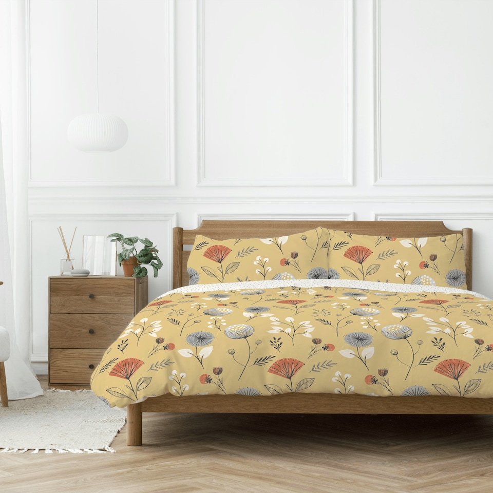 image 1 of Copenhagen Home Olia Floral Print Ochre Reversible Duvet Cover and Pillowcase Set - King Size