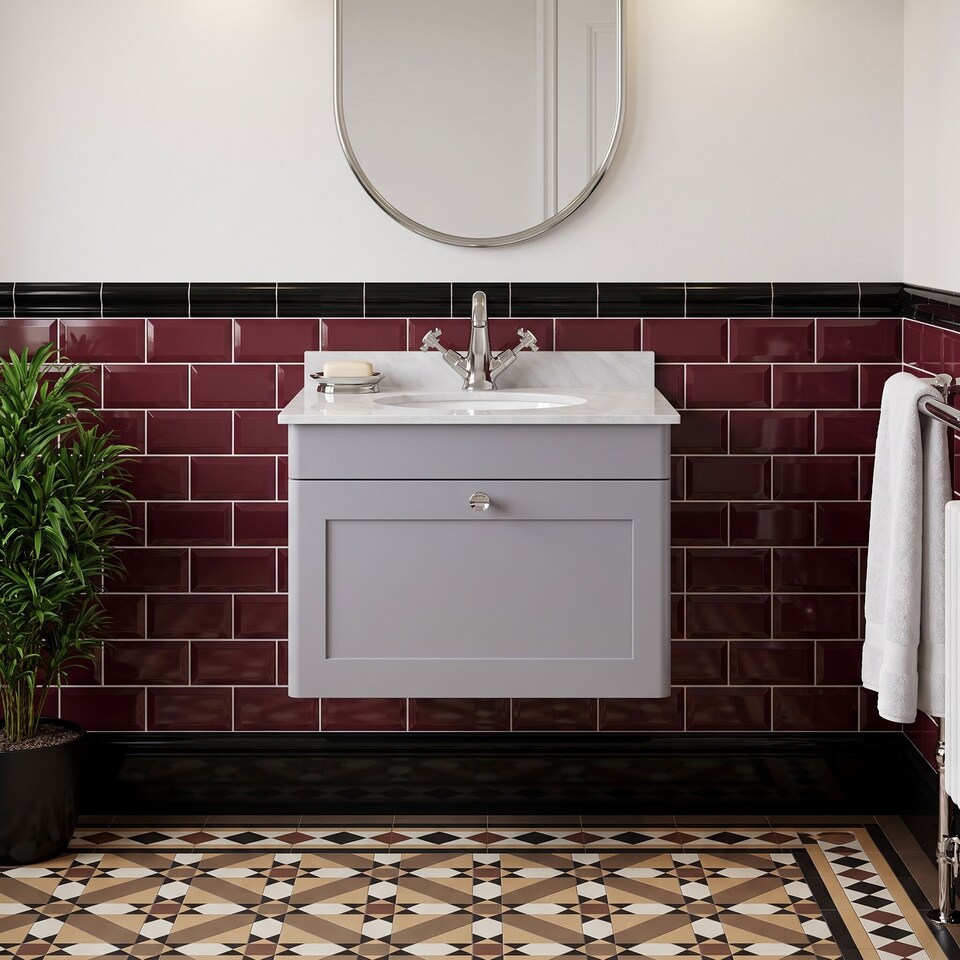 image 1 of Balterley Swynnerton Traditional 1 Drawer Wall Hung Vanity Unit with Marble Basin, Satin Grey, 600mm