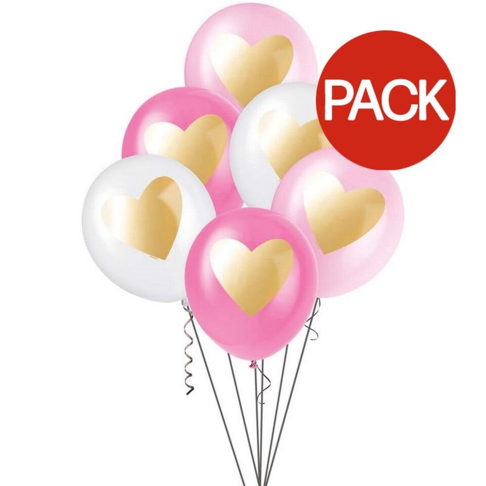 image 1 of Unique Party Latex Heart Balloons (Pack of 6) - Pink/White/Gold - One Size