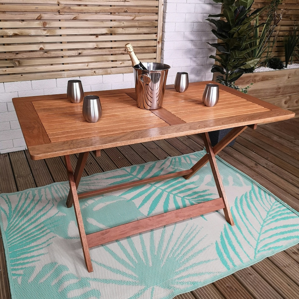 image 1 of Outdoor 6 Person Folding Rectangular Wooden Garden Patio Dining Table Chairs Parasol and Base set