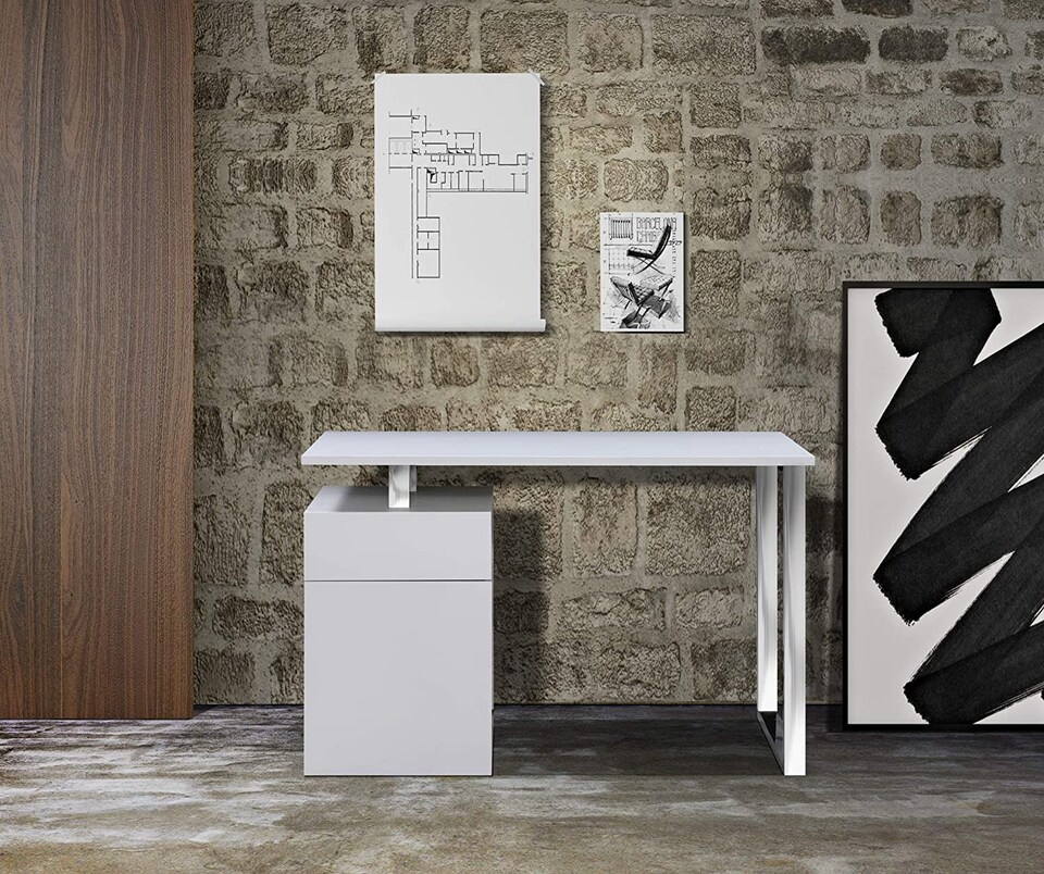 image 1 of Centurion Supports CALISTA Gloss White with Brushed Steel Legs 3-Drawer Contemporary Home Office Computer Desk | White | White | 1