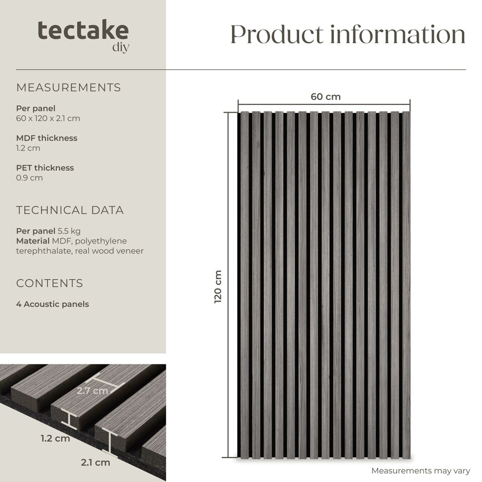 image 1 of Acoustic Wall Panels with Wood Veneer Slats, Thick Felt and Easy to Install | Grey | light gray oak | 120 x 60 x 120 cm | 4