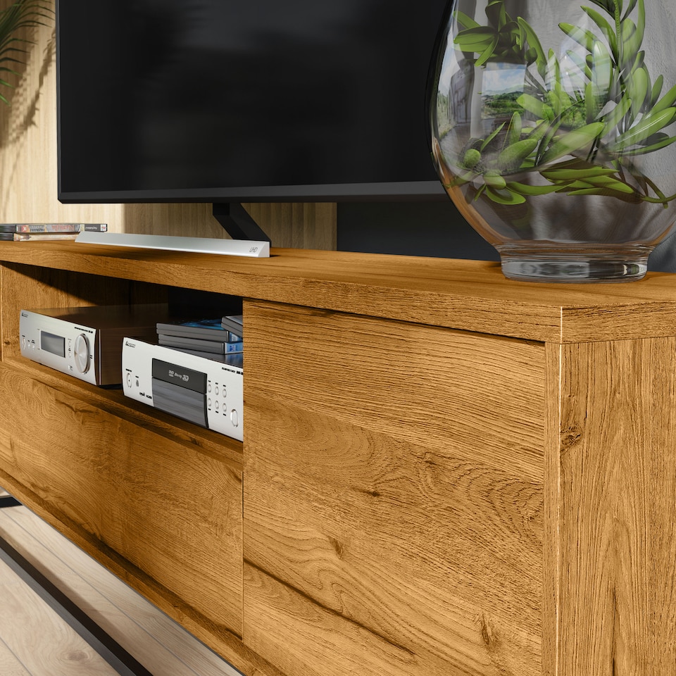 image 1 of TV Unit Sideboard Cabinet Storage Cabinet Oak Black Metal Frame Loft 200cm