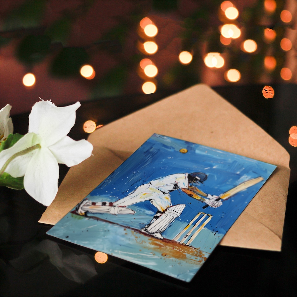 image 1 of Cricket Player Sport Batsman Wicket Painting Good Luck Card
