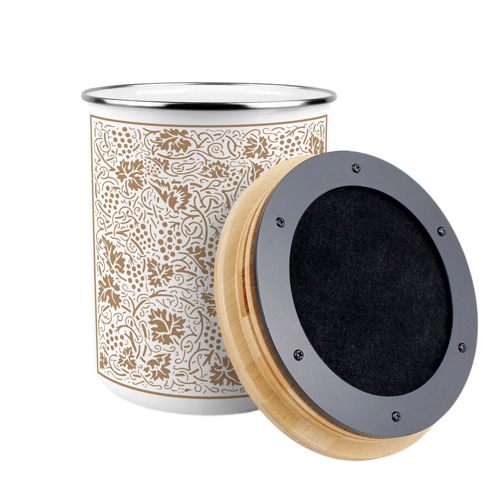 image 1 of Oak Leaves & Berries Food Waste Caddy - Metal 2L Golden Yellow Decorative Kitchen Compost Bin