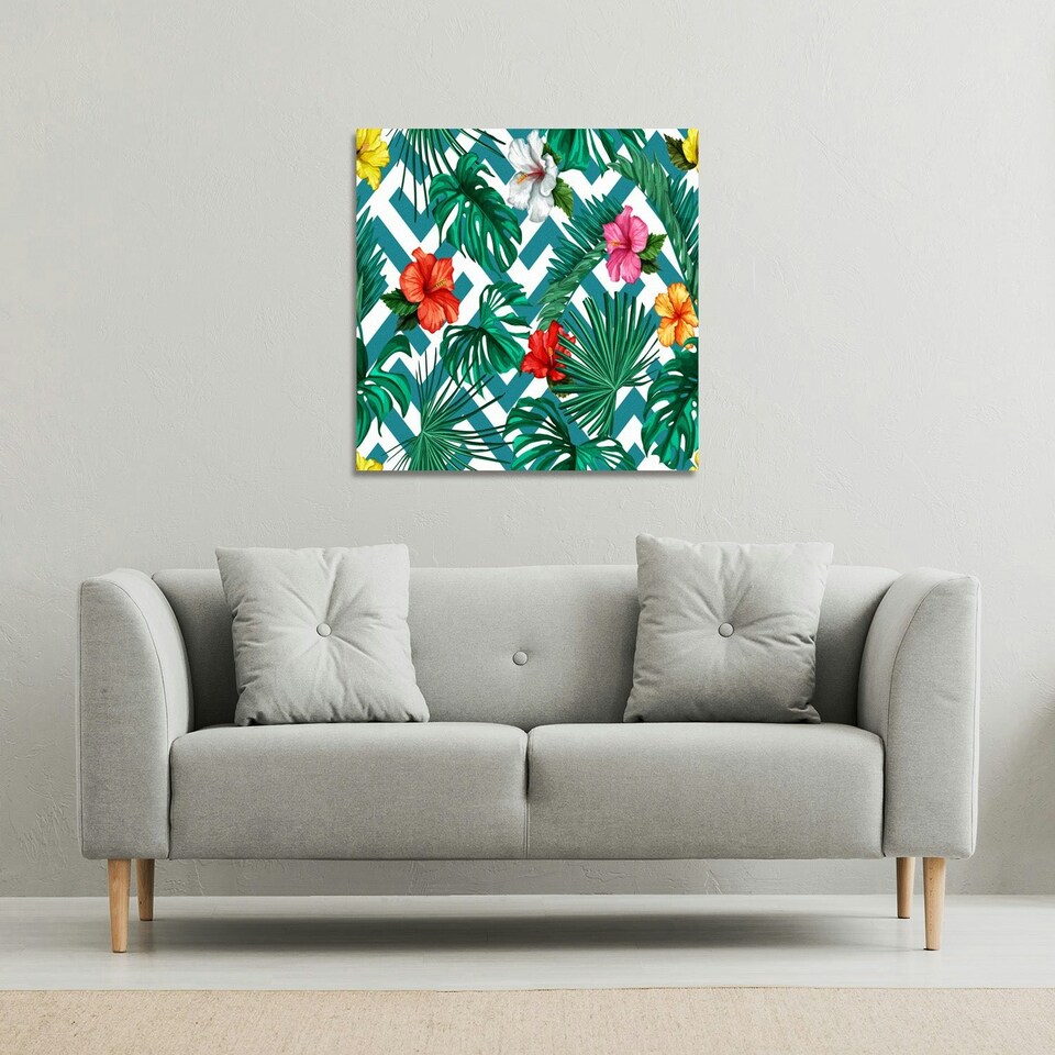 image 1 of Tropical Leaves & Geometrics (Canvas Print) 90 x 90 x 4cm