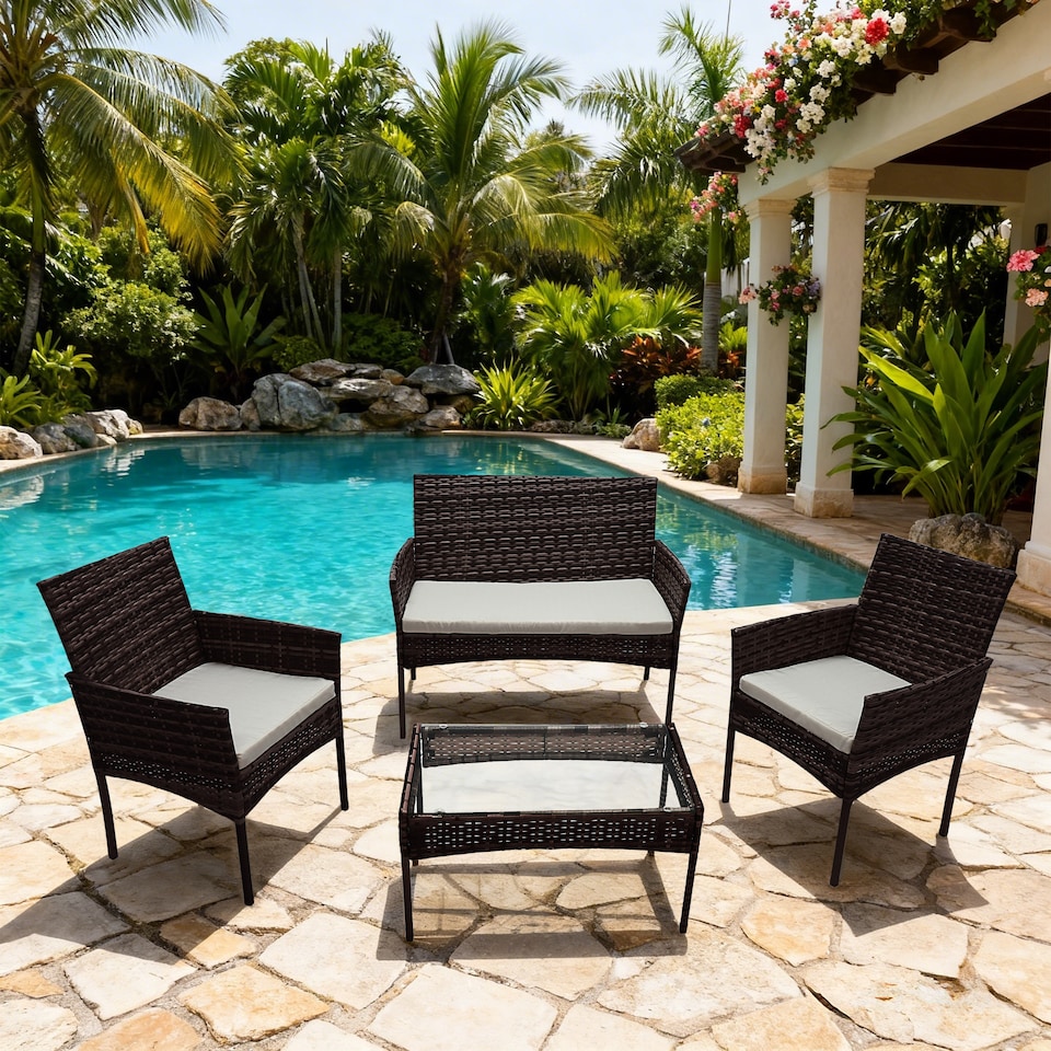 image 1 of Alivio 4 Piece Rattan Sofa Set Patio Furniture with Coffee Table Weather Resistant UV Protected Cushions for Indoor Outdoor Use | Brown | 1
