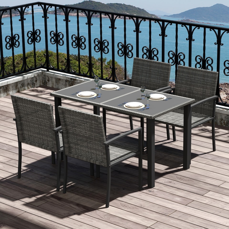 image 1 of Outsunny 4 Seater Rattan Dining Set with Rectangular Glass Top Table and 4 Armchairs, PE Rattan Garden Furniture Set, Outdoor Dining Table and Chairs for Patio, Balcony, Terrace, Grey