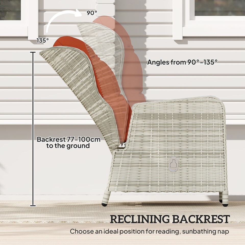 image 1 of Outsunny Recliner Rattan Garden Furniture w/ Two-tier Table, Orange | Orange | Orange | 1