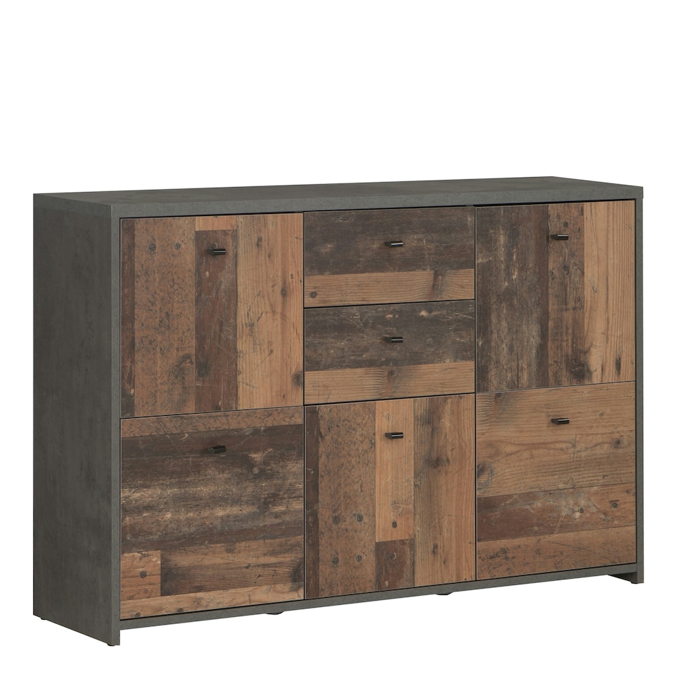 image 1 of Best Chest Storage Cabinet with 2 Drawers and 5 Doors in Concrete Optic Dark Grey/Old - Wood Vintage