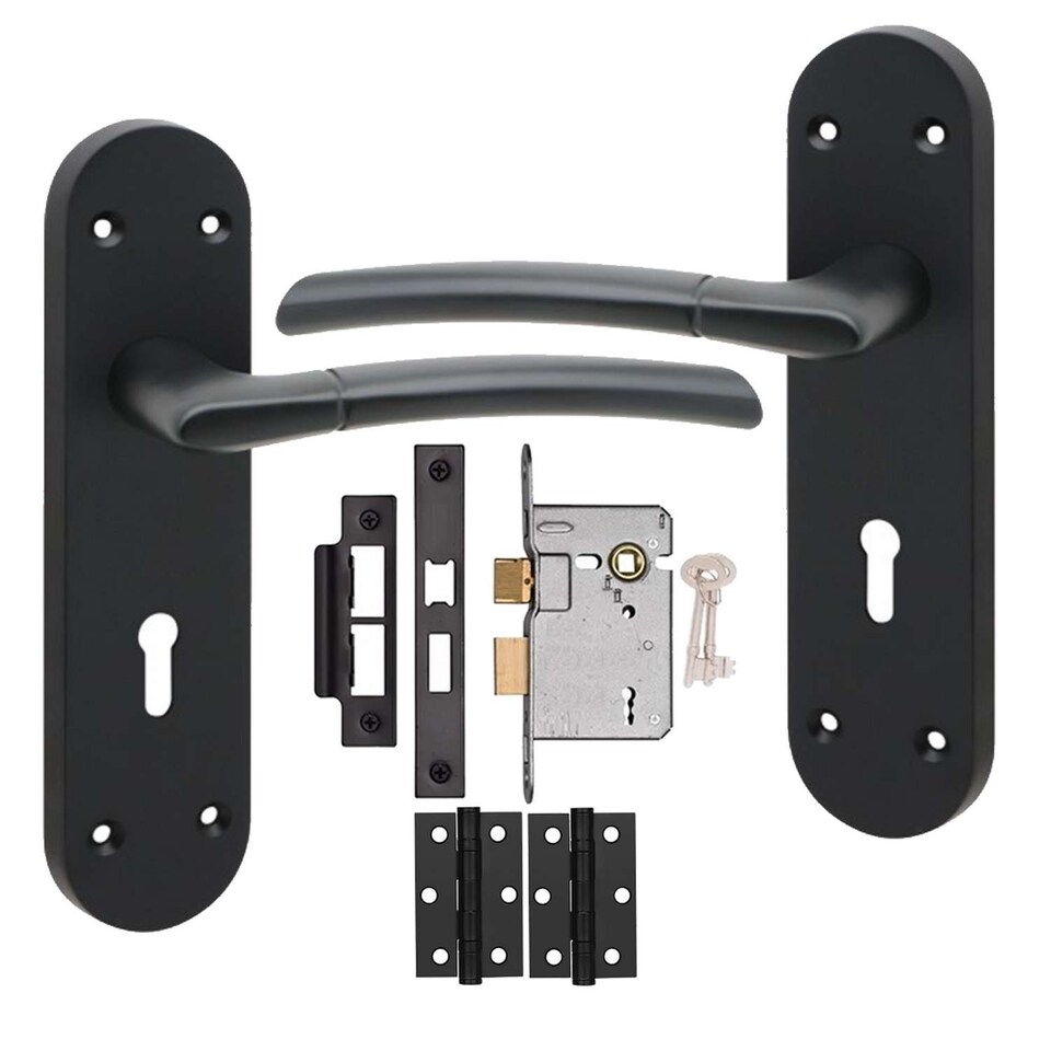 image 1 of Golden Grace 1 Pair Victorian Indiana Design Long Rounded Backplate Door Handle Matt Black Metal 3 Lever Lock Set with Hinges - 182mm x 45mm