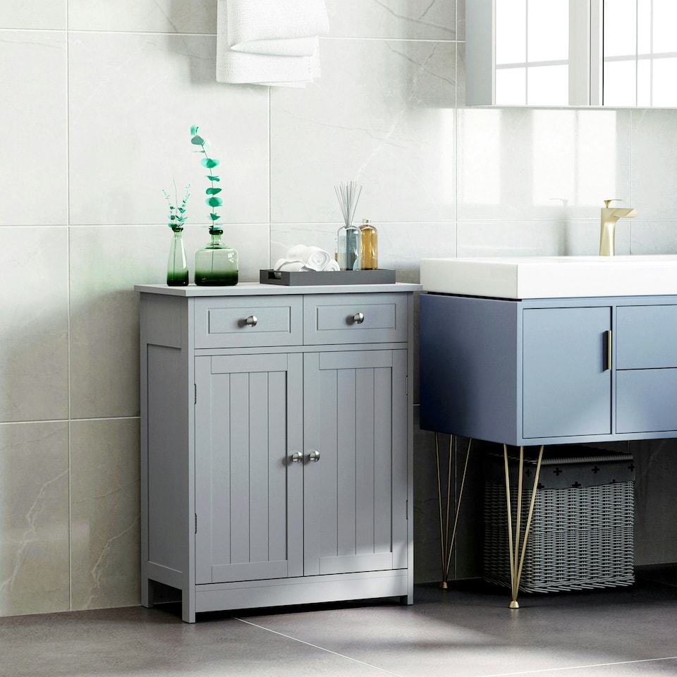 image 1 of kleankin Bathroom Floor Storage Cabinet w/ 2 Drawers Door Cupboard Grey