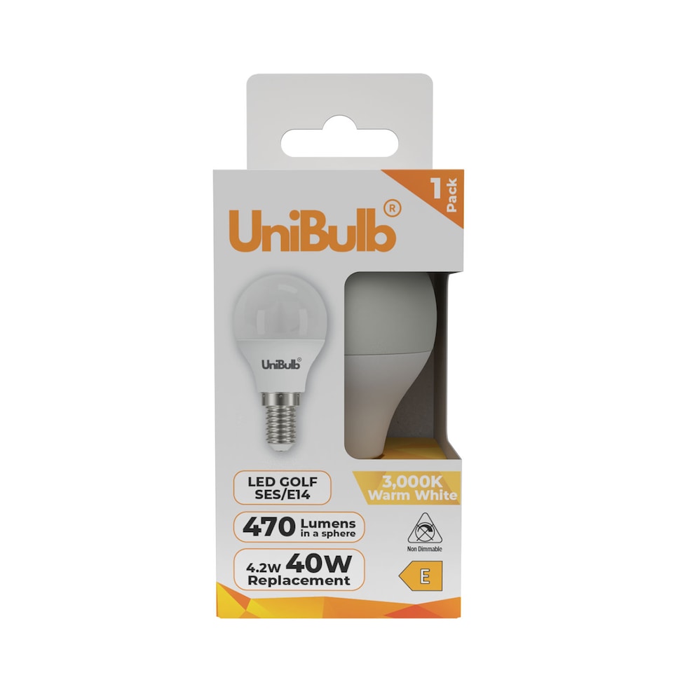 image 1 of UniBulb LED Golf Ball E14 Small Edison Screw (SES) 470lm 4.2W (Replaces 40W) 3000K (Warm White) Light Bulb - Pack of 1 | White | Warm White | 1
