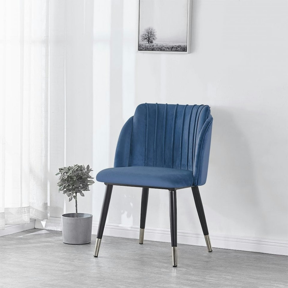 image 1 of Set of 4 Milano Velvet Dining Chairs with Stylish Ribbed Back Design, Black Metal Legs with Silver Tips | Blue | Silver End Tips