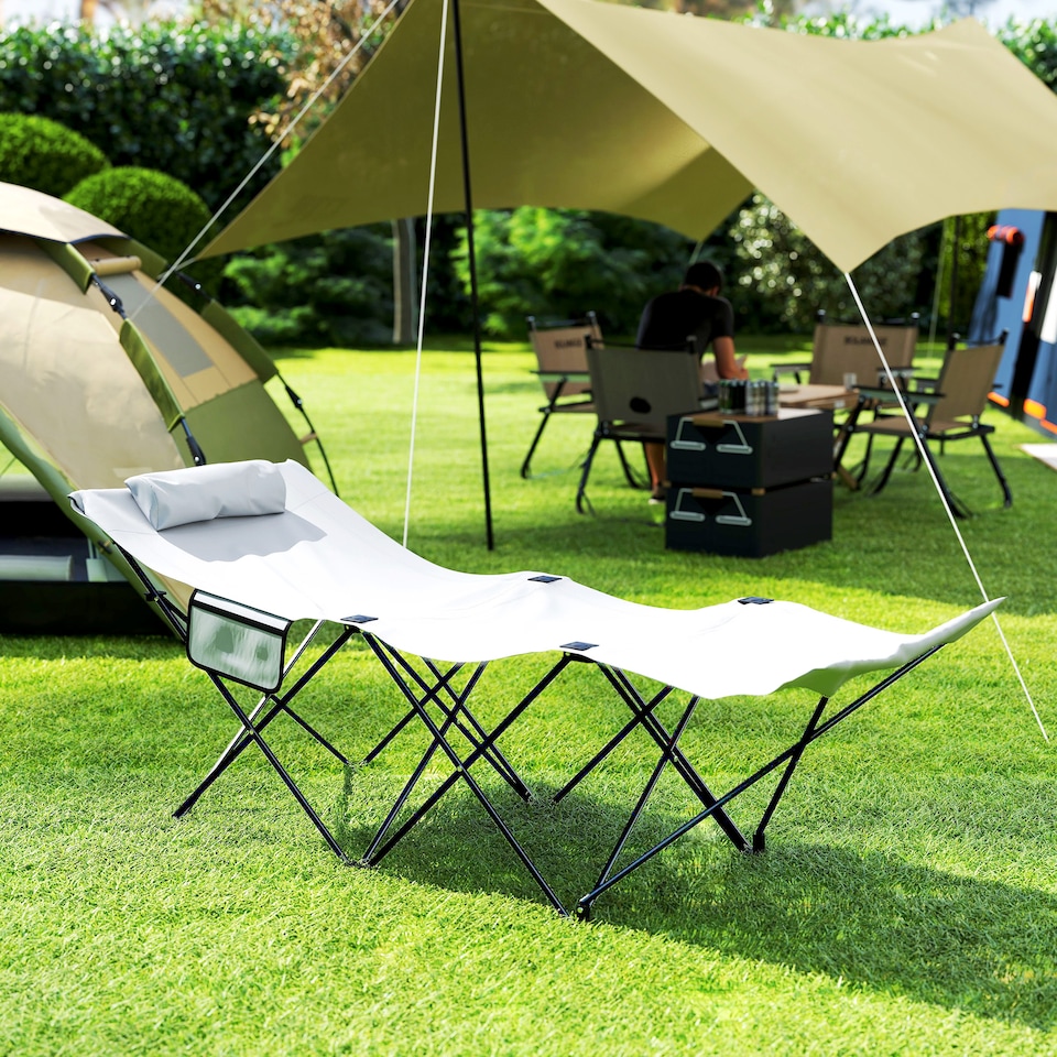 image 1 of Outsunny Camping Bed for Adults, Single Folding Camp Bed, Portable Camping Cot with Side Pocket, Headrest and Oxford Seat for Outdoor, Travel, Fishing, Light Grey