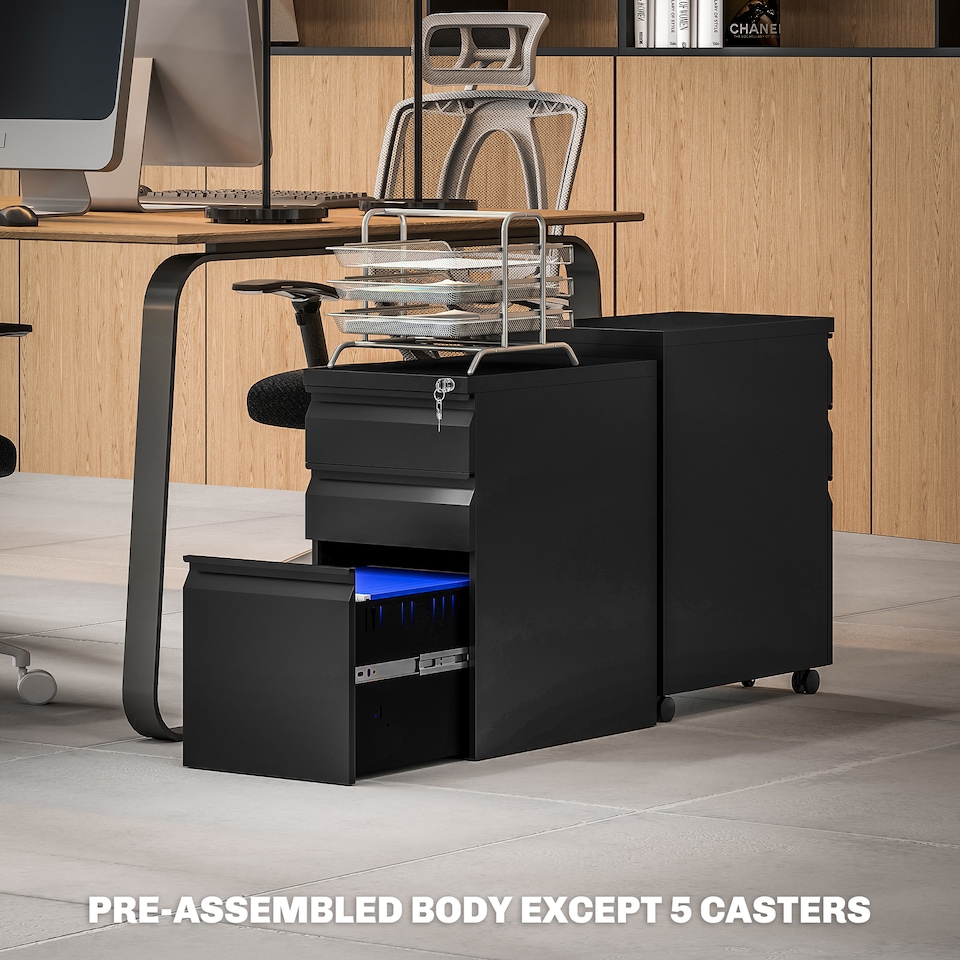 image 1 of Vinsetto 3-Drawer Filing Cabinet with Lock, Mobile Steel File Cabinet for A4, Under Desk Drawers with Pre-Assembled Body for Home Office | Black | Black