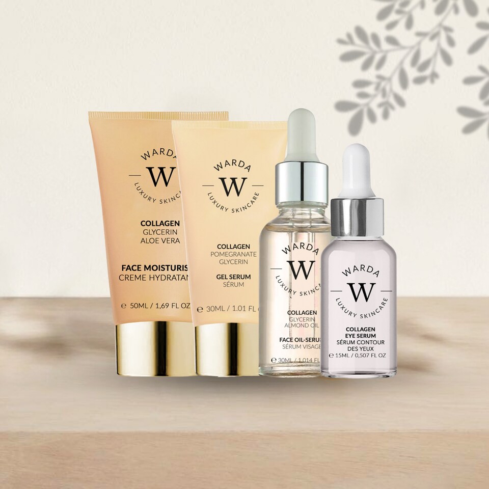 image 1 of Warda Luxury Skincare Skin Lifter Boost Collagen Moisturiser 50ml + Skin Lifter Boost Collagen Eye Serum 15ml + Skin Lifter Boost Collagen Gel Serum 30ml + Collagen Skin Lifter Boost Oil Serum 30ml