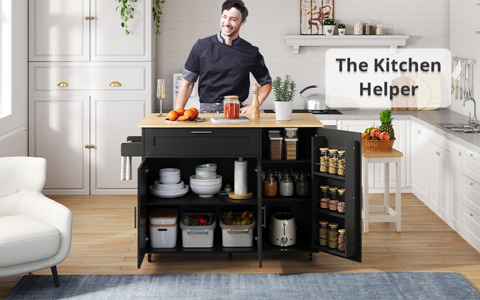 image 1 of VILUXE Mobile Kitchen Island with Foldable Worktop, Drawer, Adjustable Cabinets, 3 Door Spice Racks, Towel Rail and 5 Wheels, Black and Natural Wood