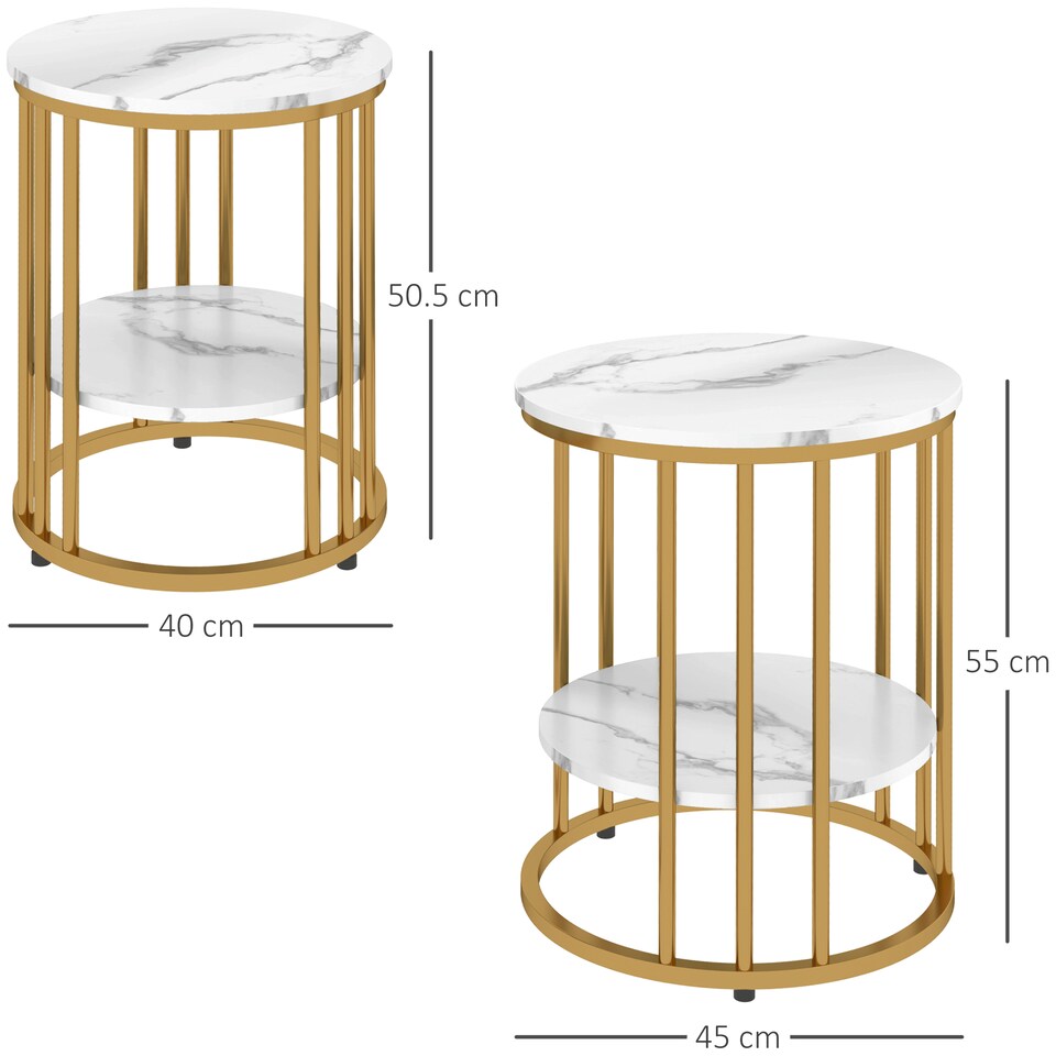 image 1 of HOMCOM Round Coffee Table Set of 2, Marble-Effect Side Tables with Storage Open Shelf and Steel Frame for Living Room, Bedroom, Gold Tone | Gold