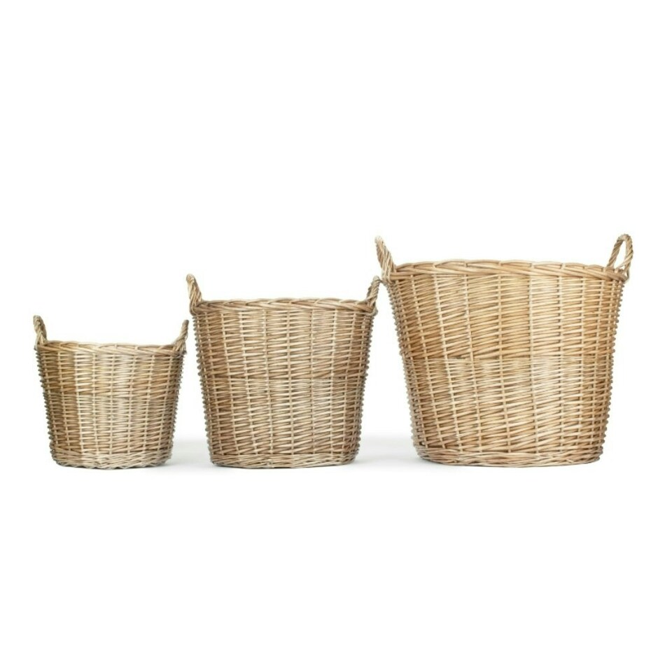 image 1 of Set of 3 Chestnut Finish Wicker Round Lined Log Basket