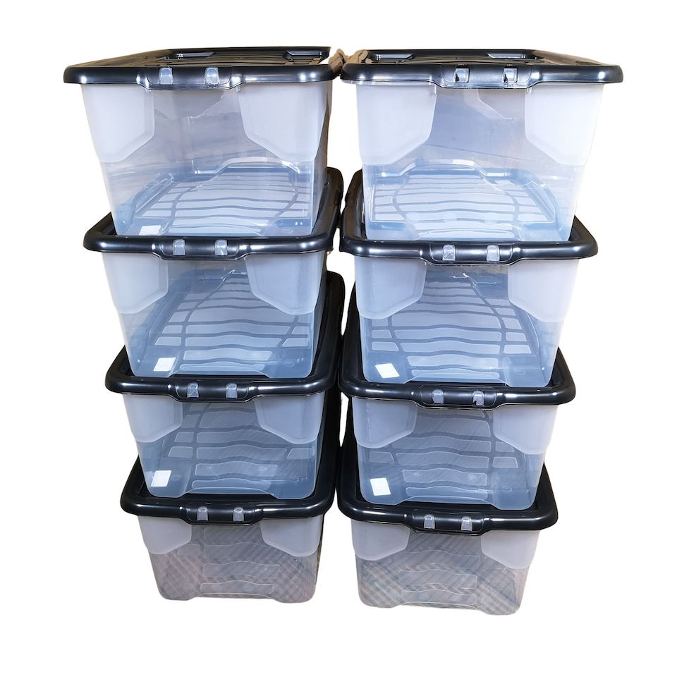 image 1 of 8 x 42L Clear Storage Box with Black Lid, Stackable and Nestable Design Storage Solution