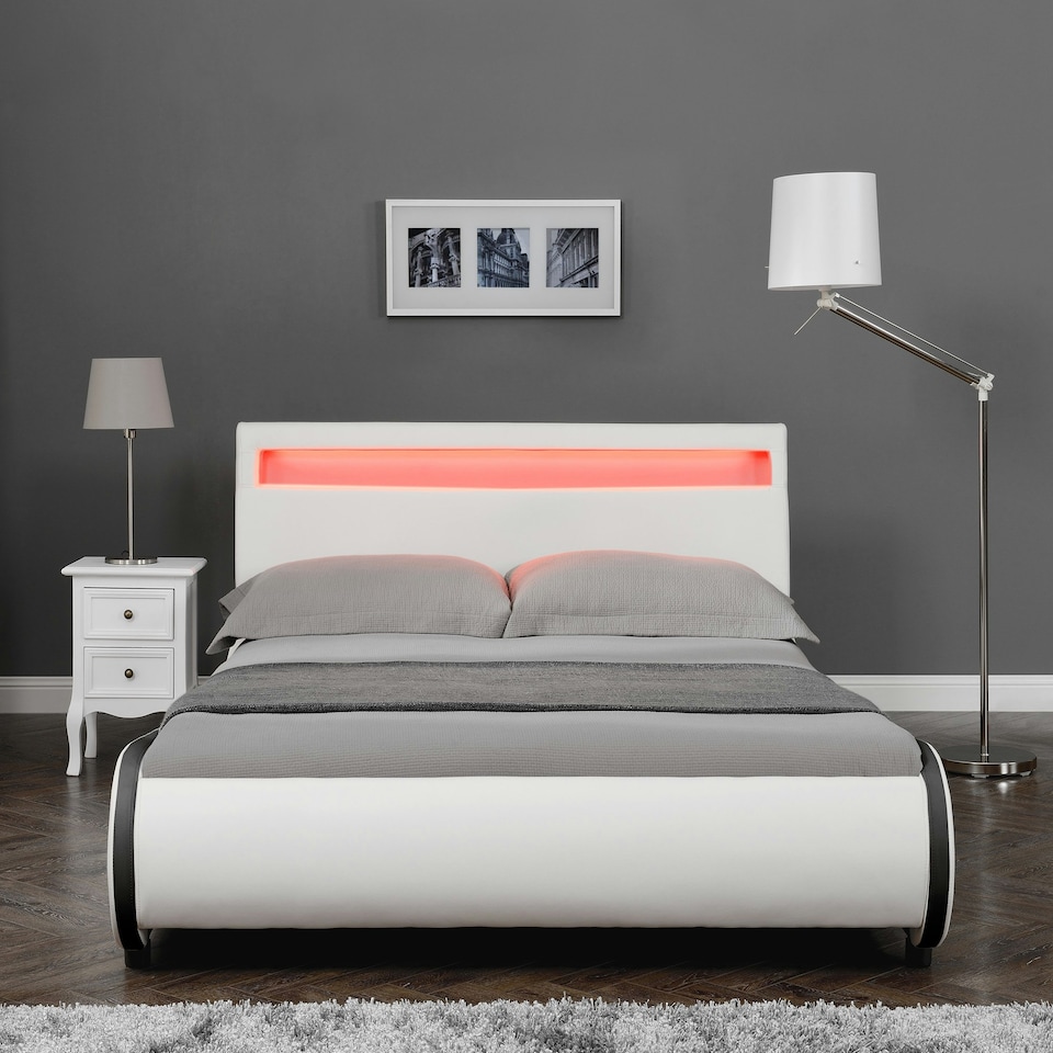 image 1 of Orion LED Lights Headboard Gaming Style White/Black Faux Leather Bed Frame (Double) | White | White | Double