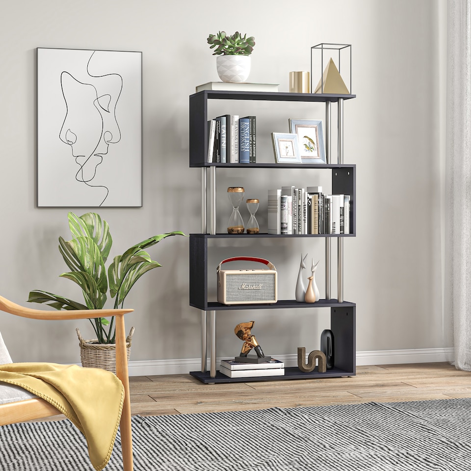 image 1 of HOMCOM S Shape Bookcase, 5 Tiers Bookshelf, Modern Freestanding Storage Shelf for Home Office, Study, Living Room, 80 x 30 x 145cm Black