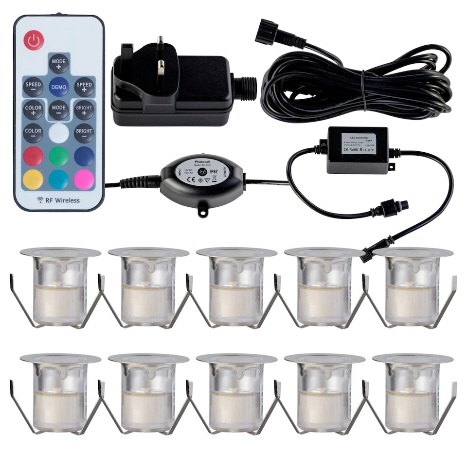 image 1 of Set of 10 - 30mm IP67 Colour Changing LED Decking Kit with Photocell Chrome | Clear
