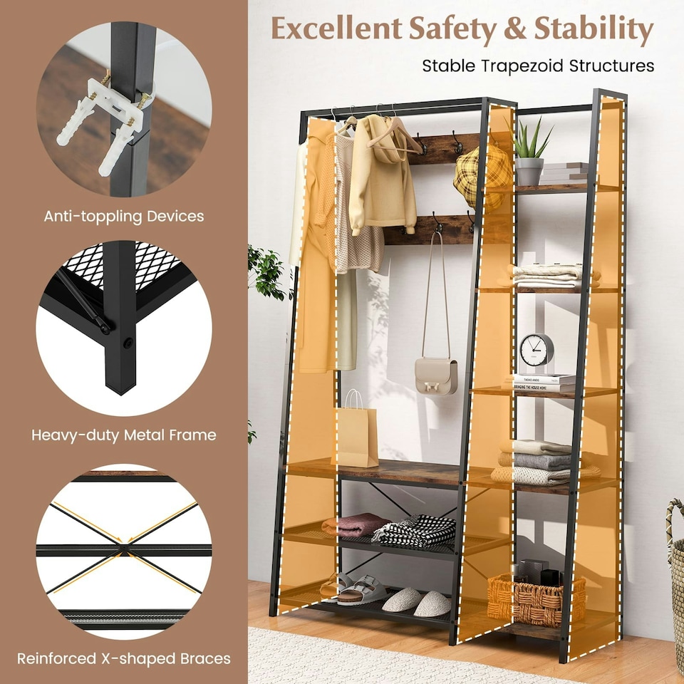 image 1 of COSTWAY 5-in-1 Entryway Bench Industrial Coat Rack with 9 Hooks Brown | One Size