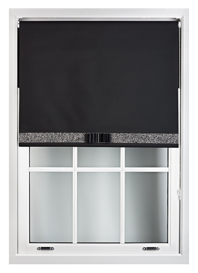 image 1 of FURNISHED Blackout Roller Blind with Black Glitter Trim and Black Bow Trimmable Window Shade | Black | Black | (W) 145cm x (L) 210cm