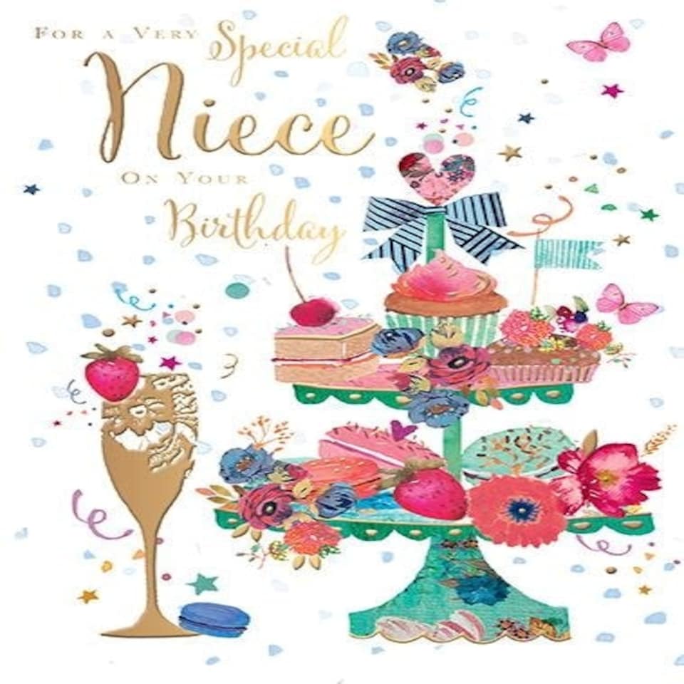 Words 'n' Wishes Traditional Niece Birthday Card - For a Very Special Niece - Floral Cake Design - Special Finishes - Made in the UK - Eco Friendly