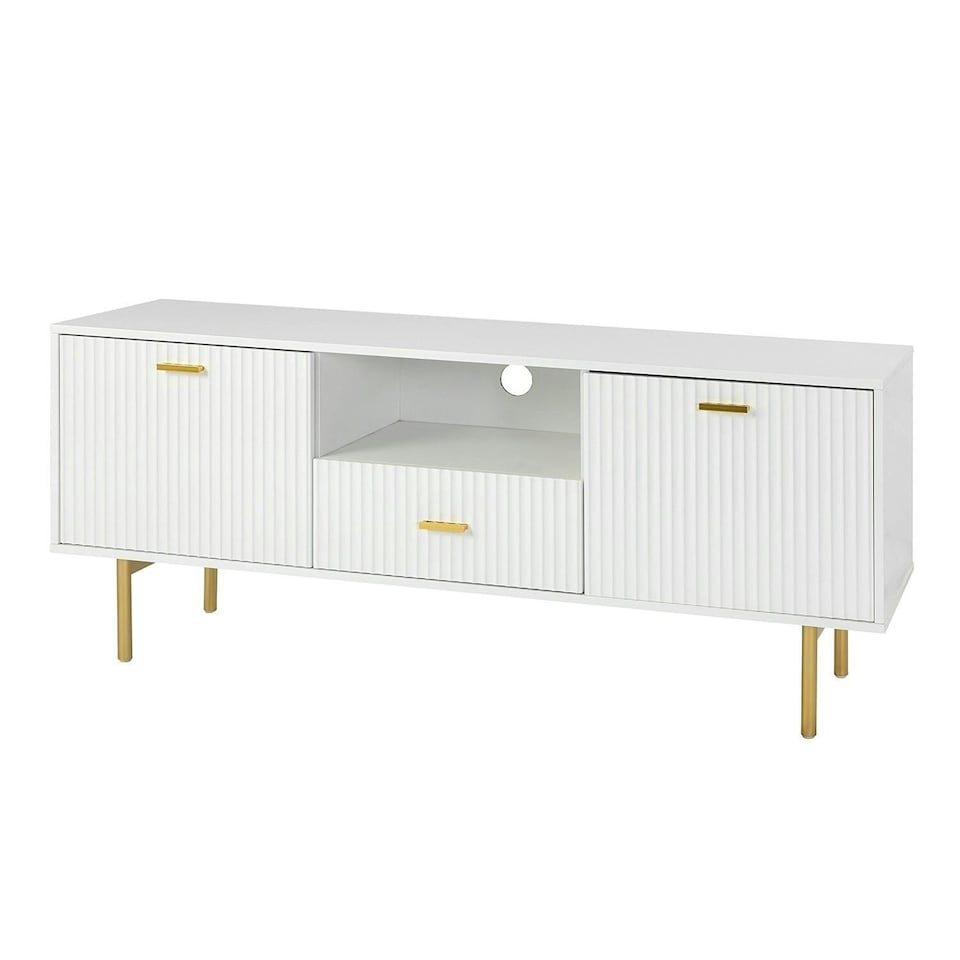 image 1 of White TV Cabinet with Gold Metal Legs and Handles Stylish Media Console with Spacious Storage White