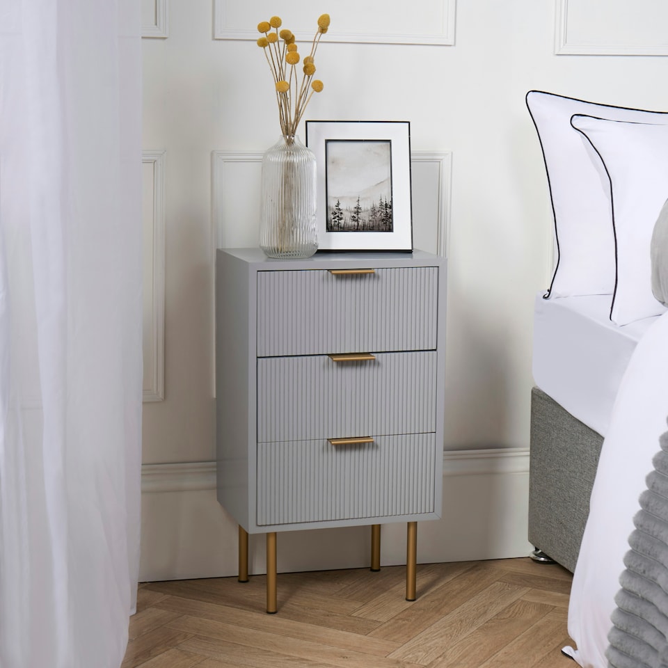 image 1 of OHS 3 Drawer Modern Ribbed Office Side Bedroom Nightstand Bedside Table Grey