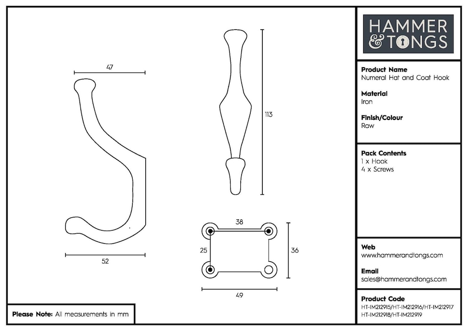 image 1 of Hammer & Tongs Number 3 Double Wall Hook - W50mm x H115mm - Raw