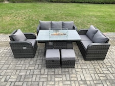 Fimous Wicker Rattan Garden Furniture Set with Fire Pit Table 8 Seater Outdoor Lounge Sofa Set Dark Grey Mixed