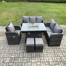 Fimous Wicker Rattan Garden Furniture Set with Fire Pit Table 8 Seater Outdoor Lounge Sofa Set Dark Grey Mixed