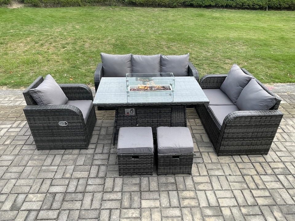 image 1 of Fimous Wicker Rattan Garden Furniture Set with Fire Pit Table 8 Seater Outdoor Lounge Sofa Set Dark Grey Mixed