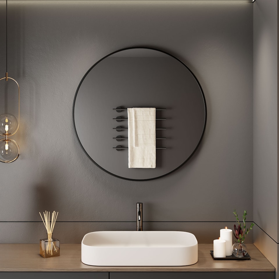 image 1 of Neo 60cm Black Round Metal Frame Wall Mirror Float Glass HD Reflection Anti Rust Moisture Proof Wall Mounted Bathroom Bedroom Hallway Living Room Vanity | Black | Black