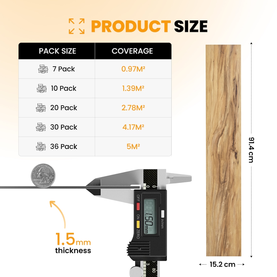 image 1 of NOVECRAFTO Self Adhesive Vinyl Floor Planks – 36x5.98 in (91.4x15.2cm) – Peel & Stick Flooring Tiles – Sandalwood Glow Wood Effect – Pack of Vinyl Tiles | Brown | 5 sqm