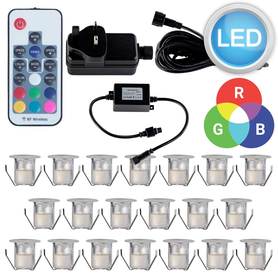 image 1 of Set of 20 - 30mm Stainless Steel IP67 Colour Changing LED Decking Kit Chrome | Clear